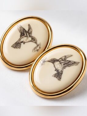Vintage Hummingbird Oval Drop Stud Gold Earrings by Barlow